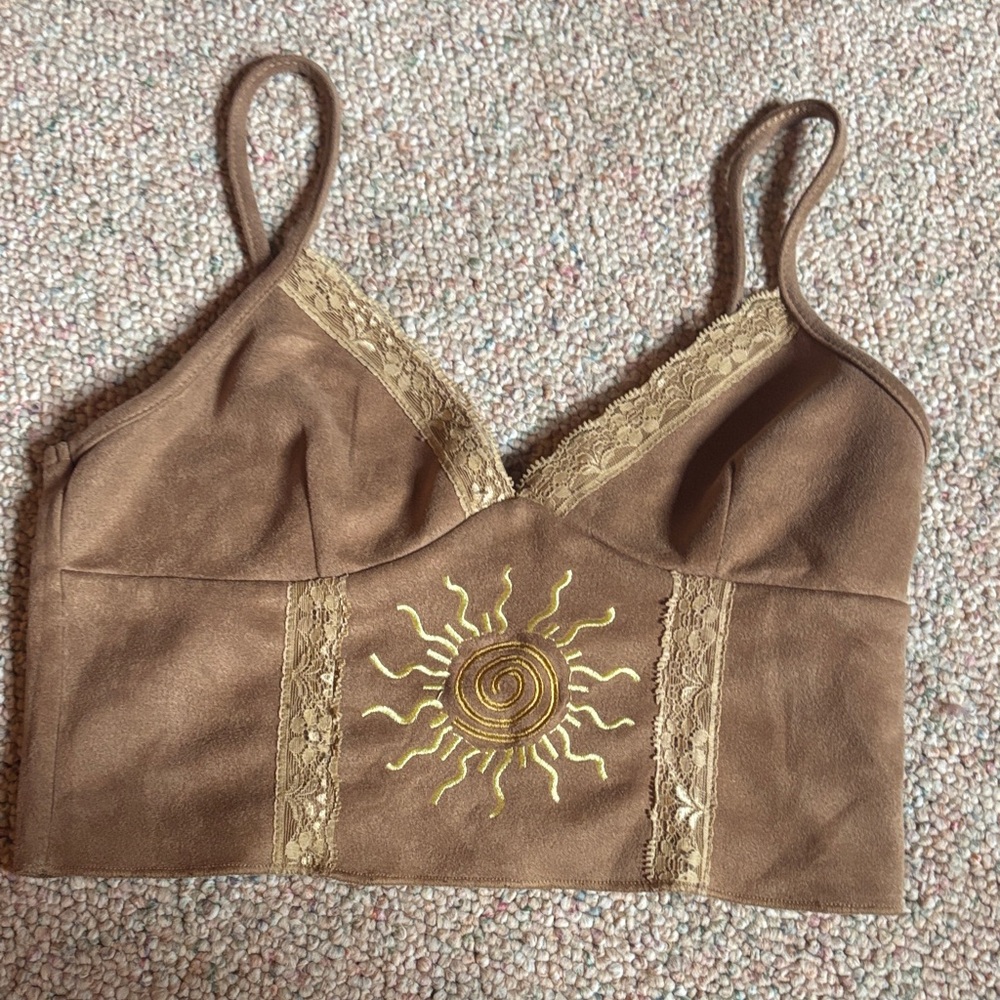 ROMWE Brown Camisole with Sun Embroidery